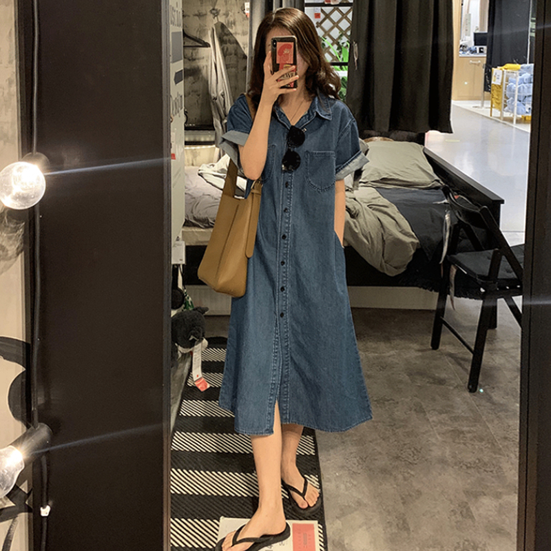 ロングワンピース デニム 半袖襟付きベルト付きミディ丈シャツワンピース
