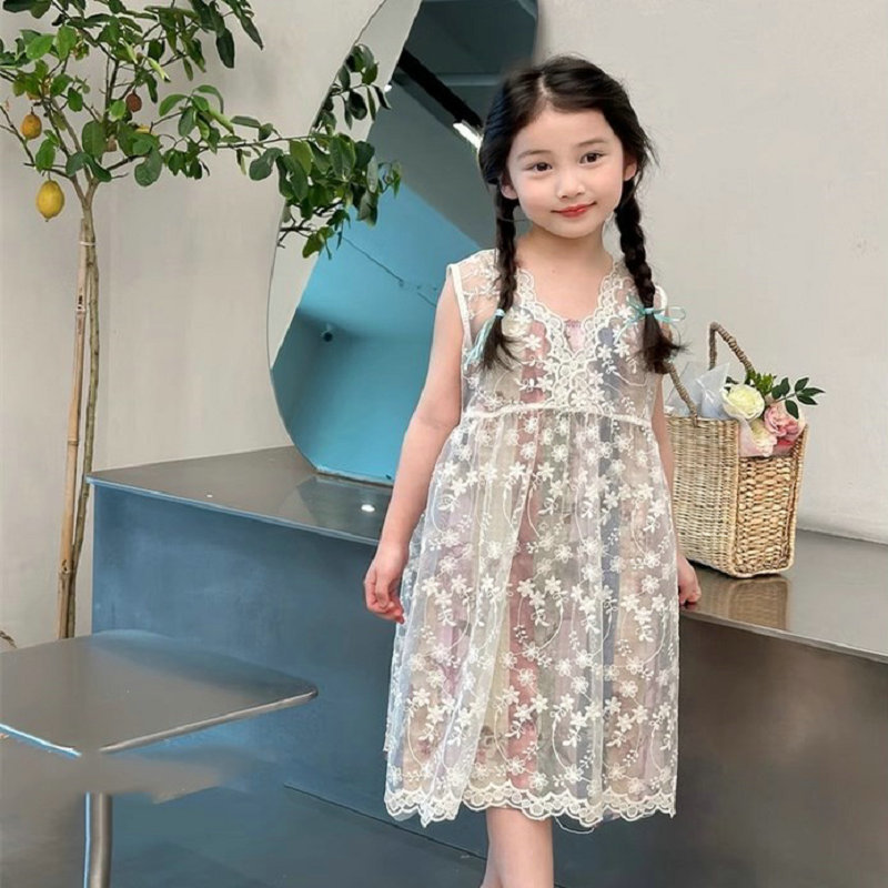 キッズ女の子用花柄総レース袖なしロングワンピース