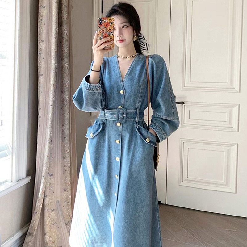 ロングワンピース フリル襟デニムロングワンピース