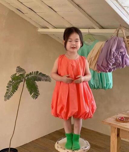 ロングワンピース 2024夏新作キッズ女の子バルーン裾半袖ワンピース