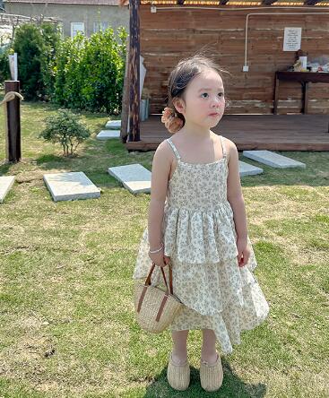 キッズ花柄ロングワンピース 肩紐可愛い夏服