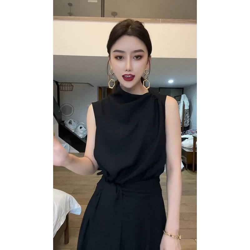 ロングワンピース タートルネック エレガント袖なしタートルネックベルト付きワンピース