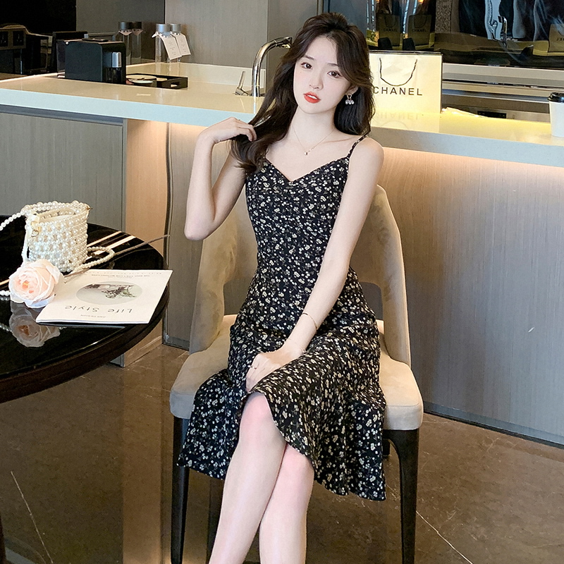 ロングワンピース キャミ 小花柄裾フリル細紐キャミソールロングワンピース