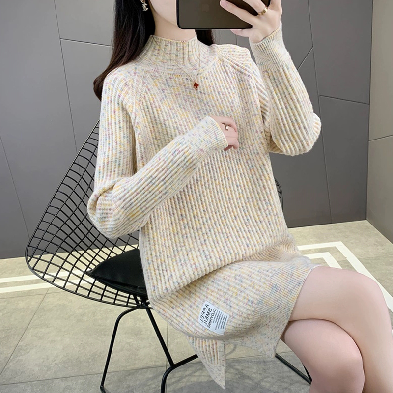 ロングワンピース ニット リブ編み モックネック ミニワンピース