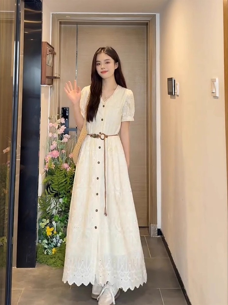 ロングワンピース レース 透かしレース前開きロングワンピース