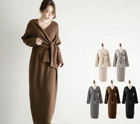 秋冬新作 ニット マキシ丈 ロングワンピース リボンベルト付き