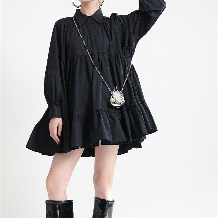 ロングワンピース フリル付きシャツワンピース ハイウエスト エーライン ロング丈