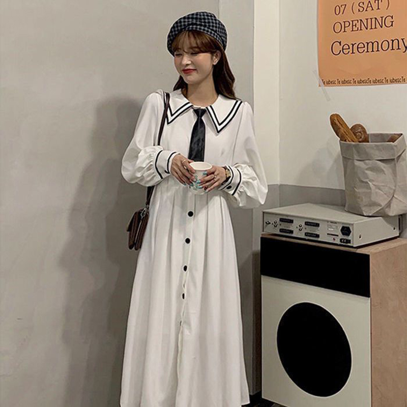 ロングワンピース シャツ セーラー襟ネクタイ付きロングシャツワンピース