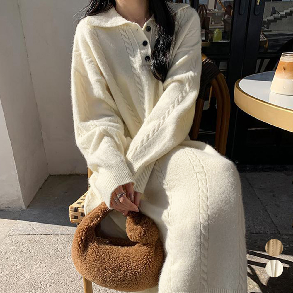 ロングワンピース ケーブル編みニットポロシャツワンピース秋冬