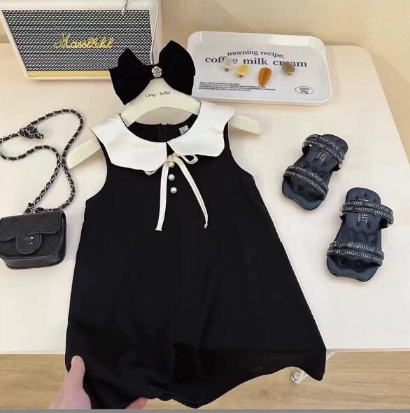 2024新作キッズ丸襟ロングワンピース黒90-140