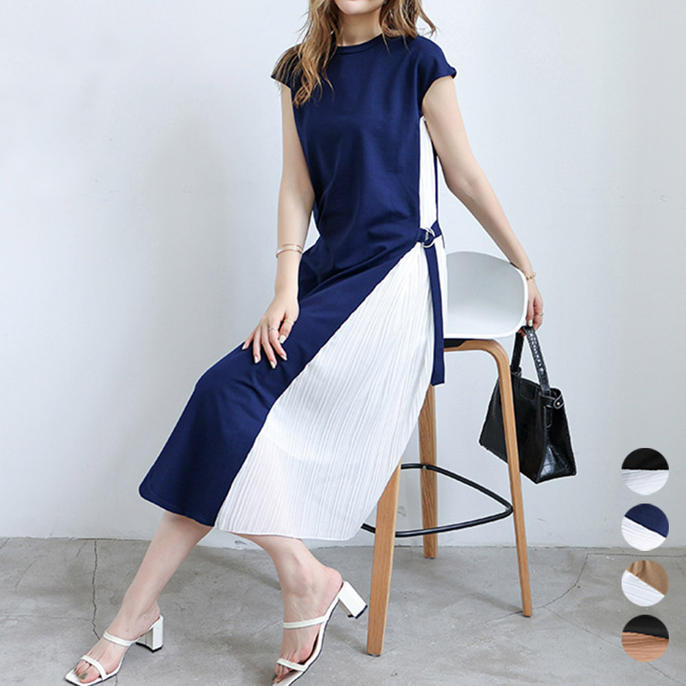 異素材切り替えサイドプリーツフレアロングワンピース夏