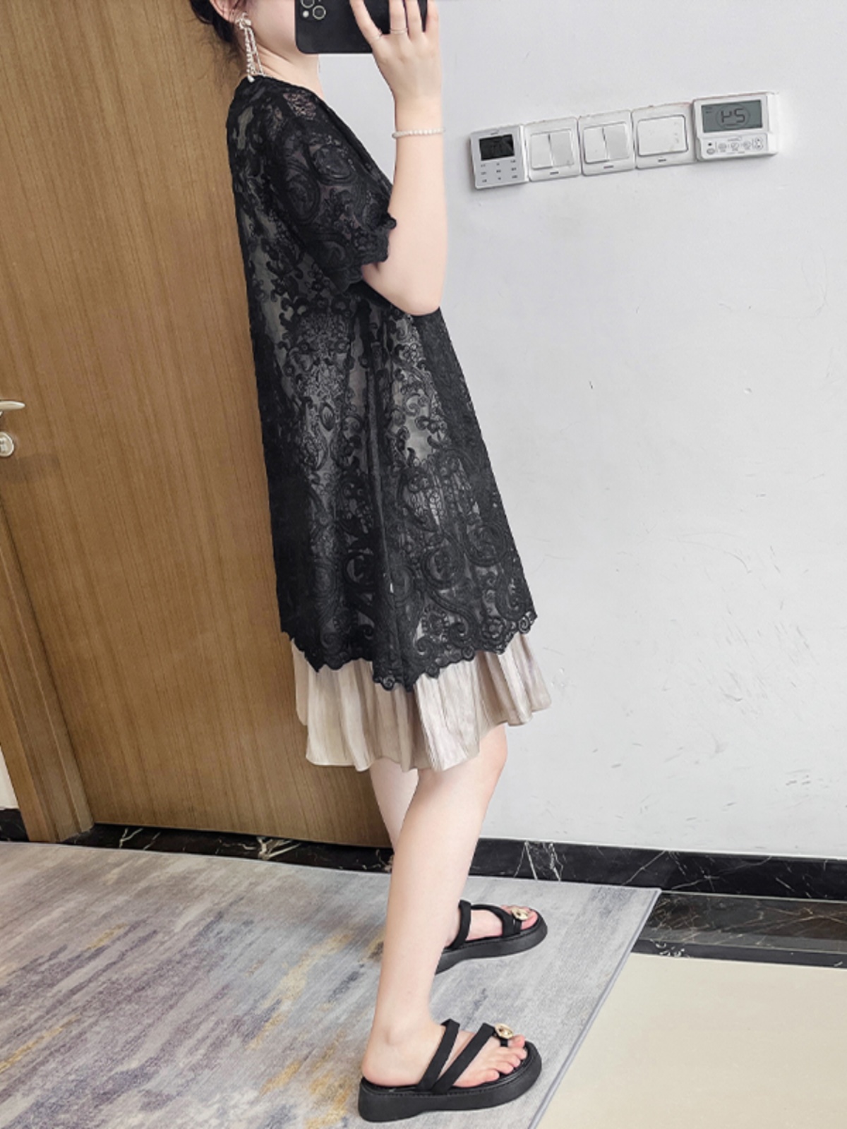 ワンピース レース 透かし模様レイヤードワンピース