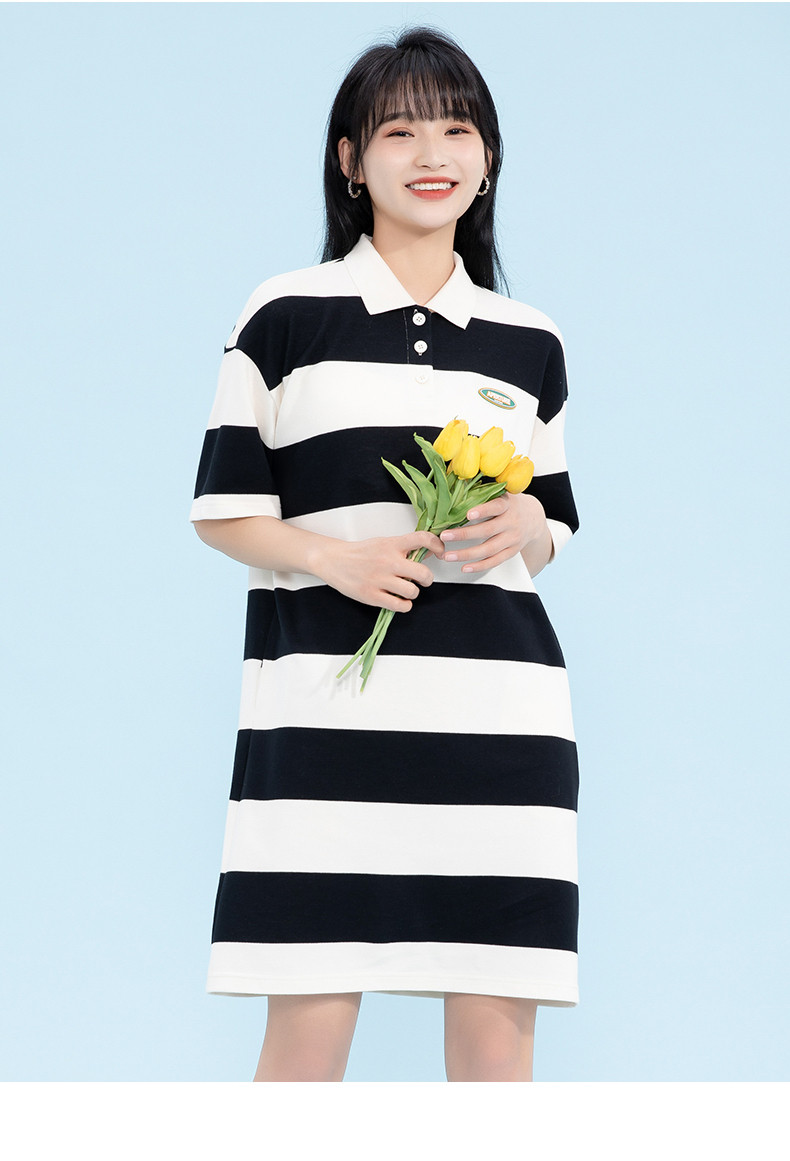 ロングワンピース ポロシャツ 太ボーダー柄ポロ襟ロングワンピース
