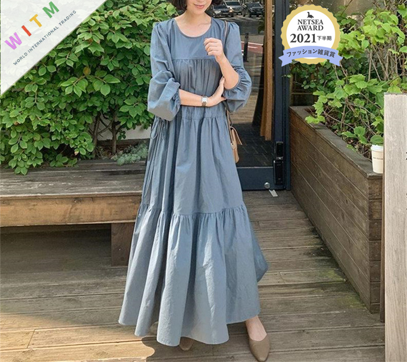 ロングワンピース 春夏新作 フリル装飾ワンピース ロング丈 体型カバー 韓国風