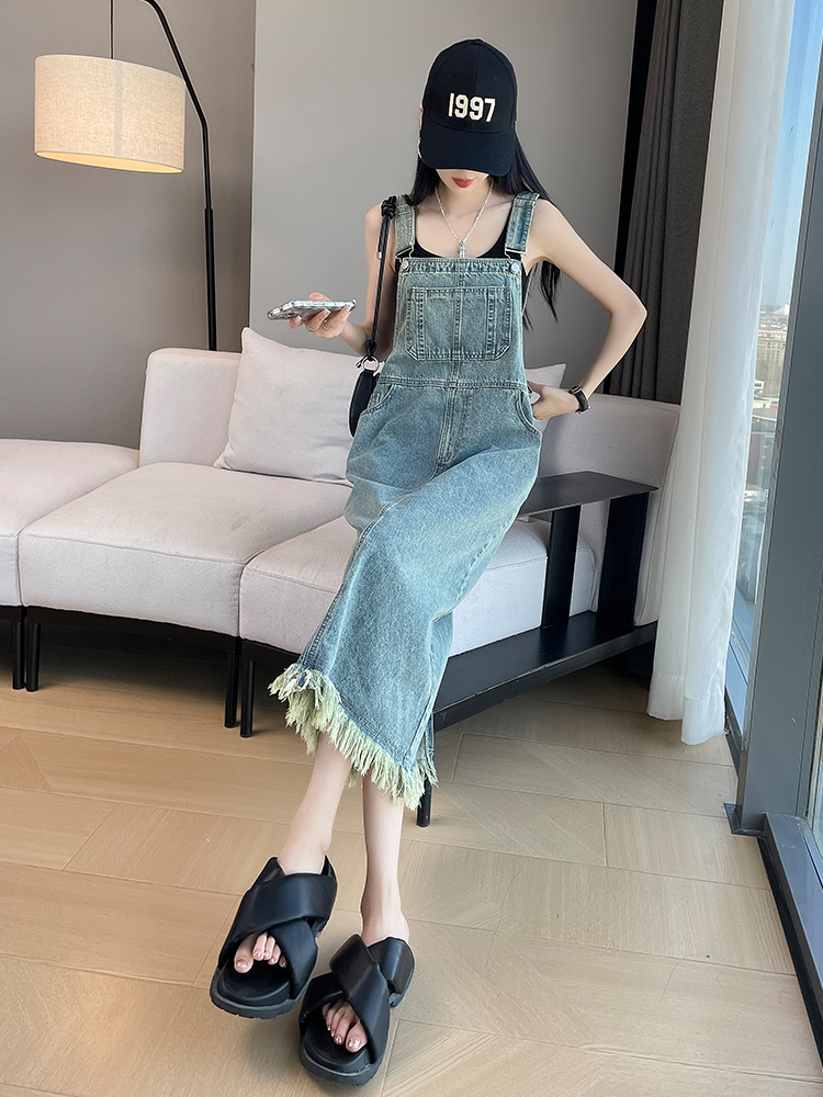 ワンピース デニム 裾フリンジサロペットワンピース