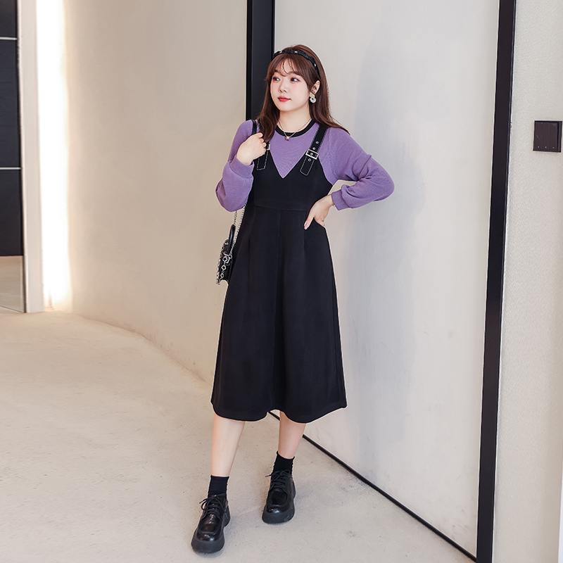 ロングワンピース ニット 重ね着風サロペットワンピース