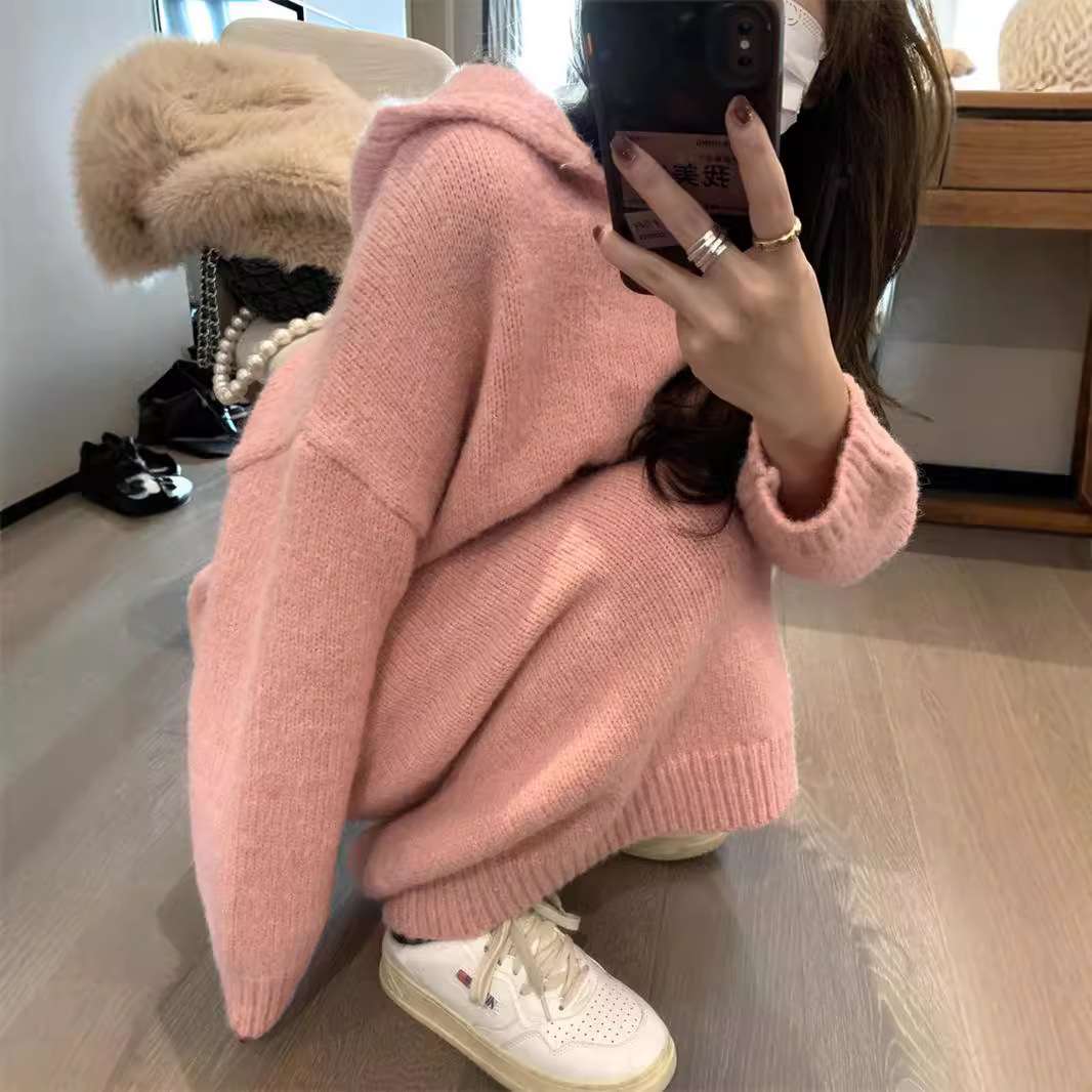 ロングワンピース ゆったりフード付きニットワンピース