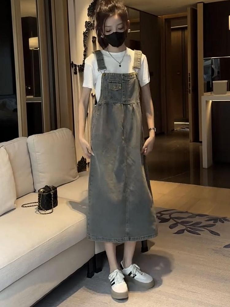 レトロ風デニムサロペットロングワンピース