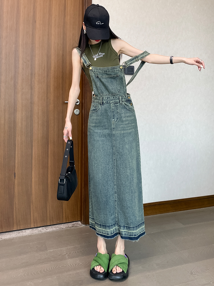 ワンピース デニム ゆったりデニムサロペットワンピース