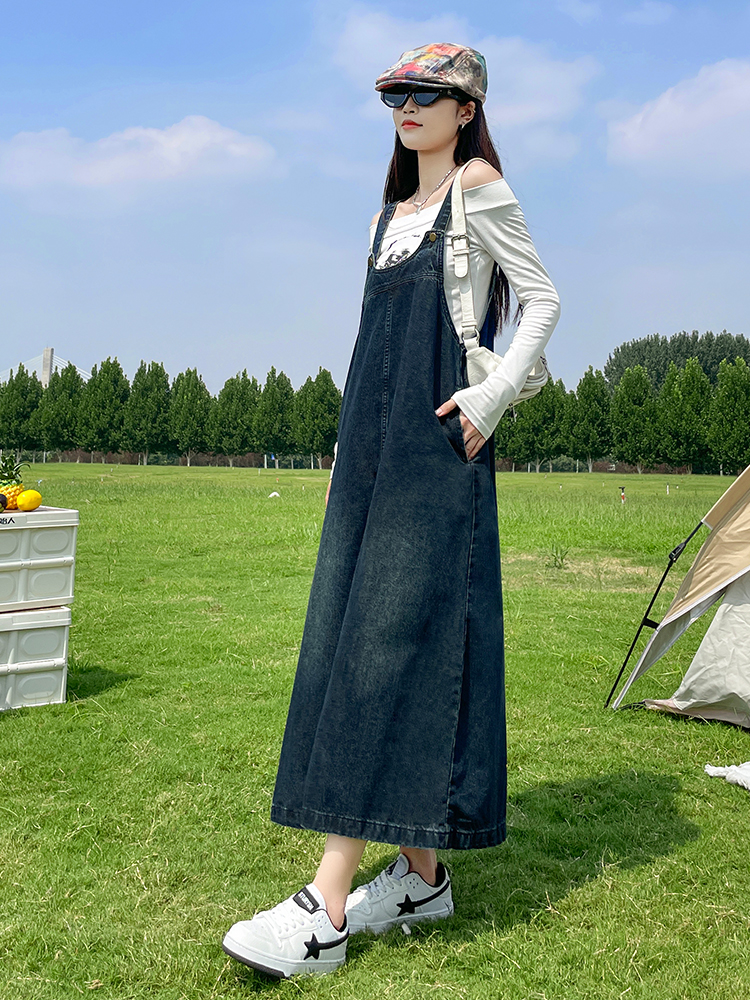 ロングワンピース デニム ナチュラルサロペットワンピース