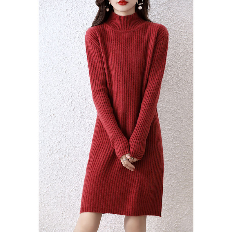 ロングワンピース シンプル リブ ハイネック ニットワンピース