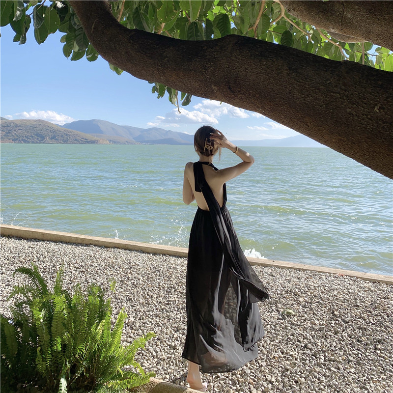 ロングワンピース キャミ 背中クロスデザインホルターネックロングワンピース