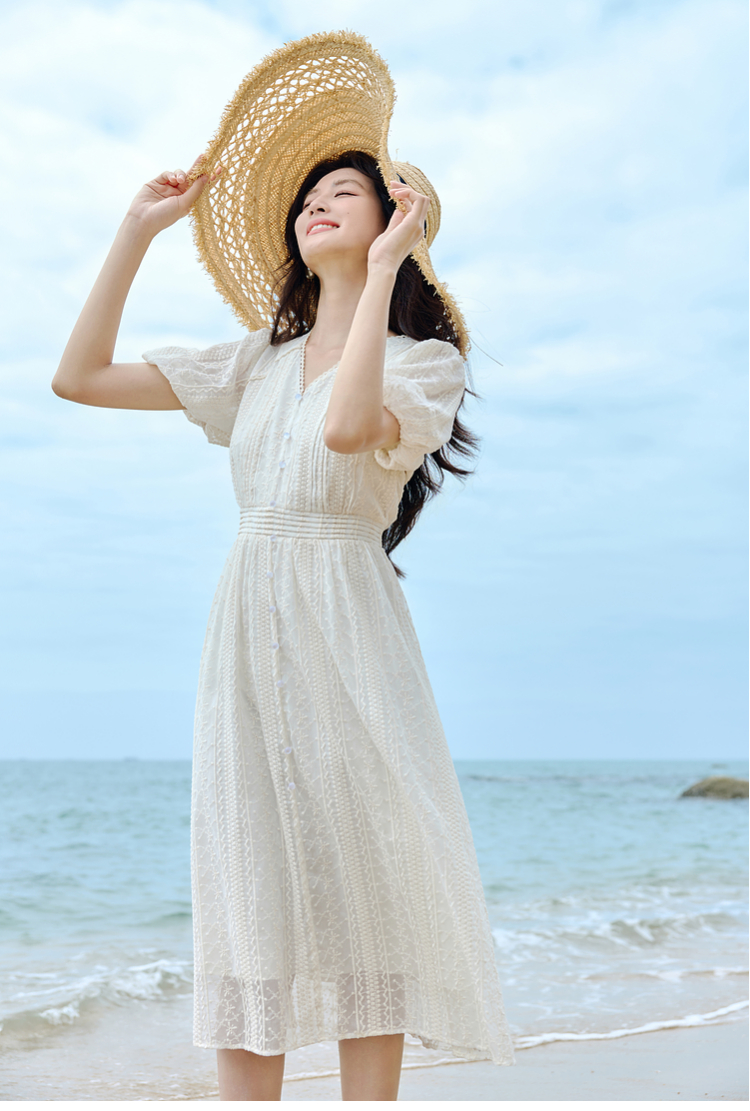 ロングワンピース レース 繊細花レース リゾートワンピース