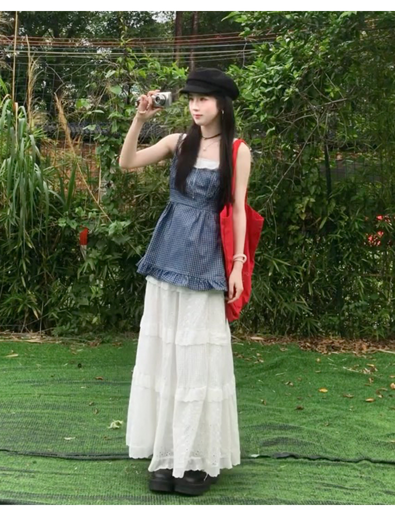 ロングワンピース レース 小花柄レイヤード風ロングワンピース