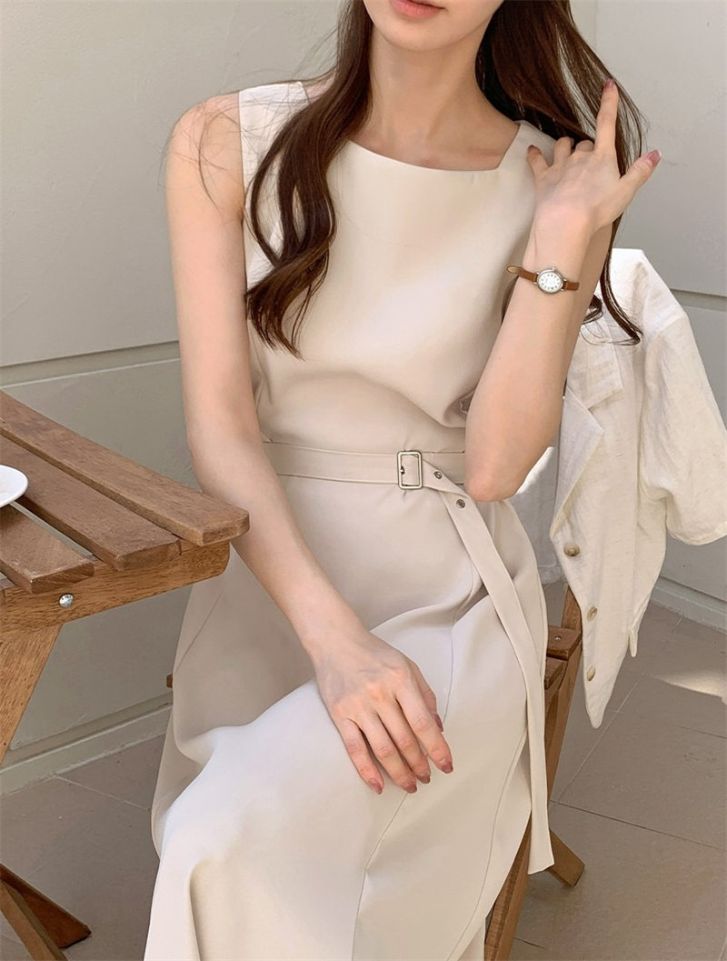 ロングワンピース 韓国風キャミワンピース ベルト付き上品ロング丈