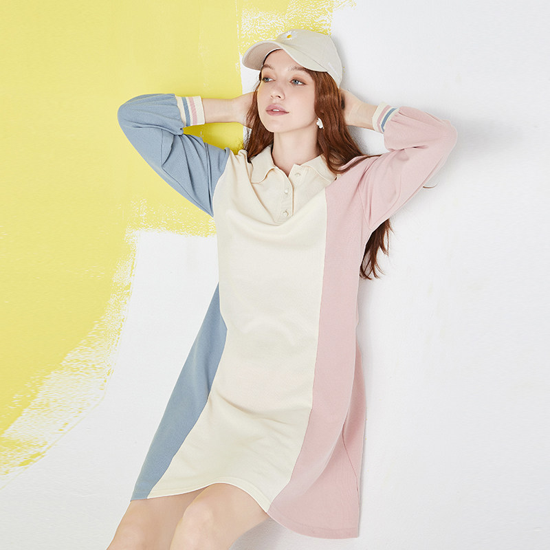 ロングワンピース ポロシャツ 配色切替デザインポロ襟ロングワンピース