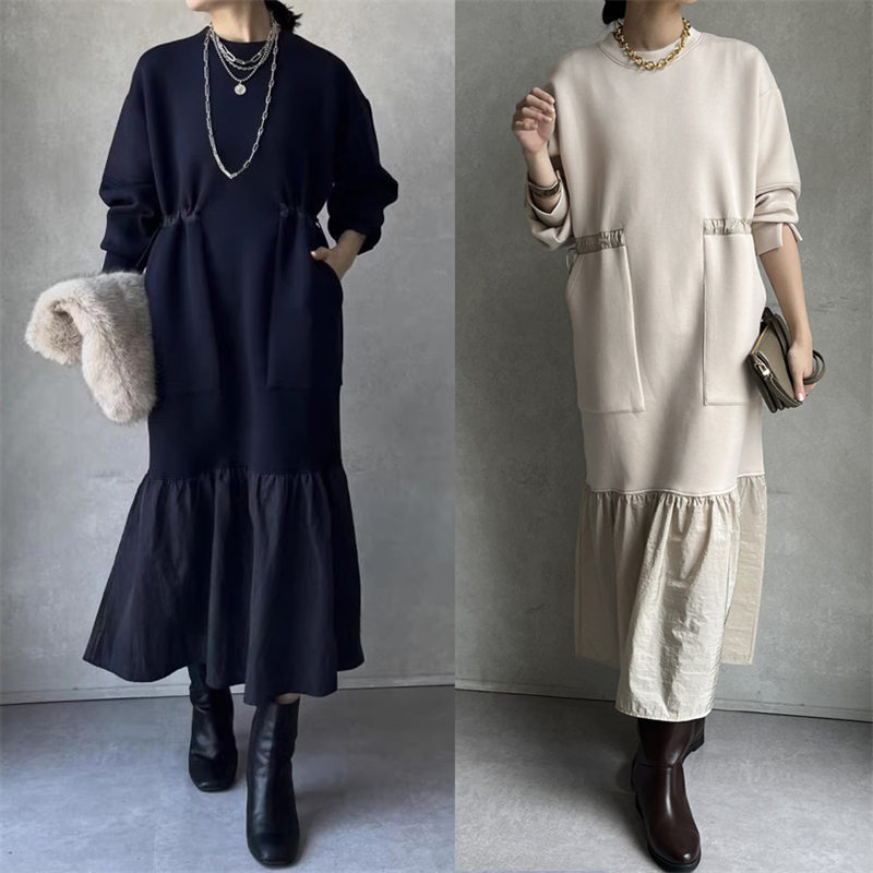 秋冬新作フレアロングワンピース 裾ティアード 上品カジュアル