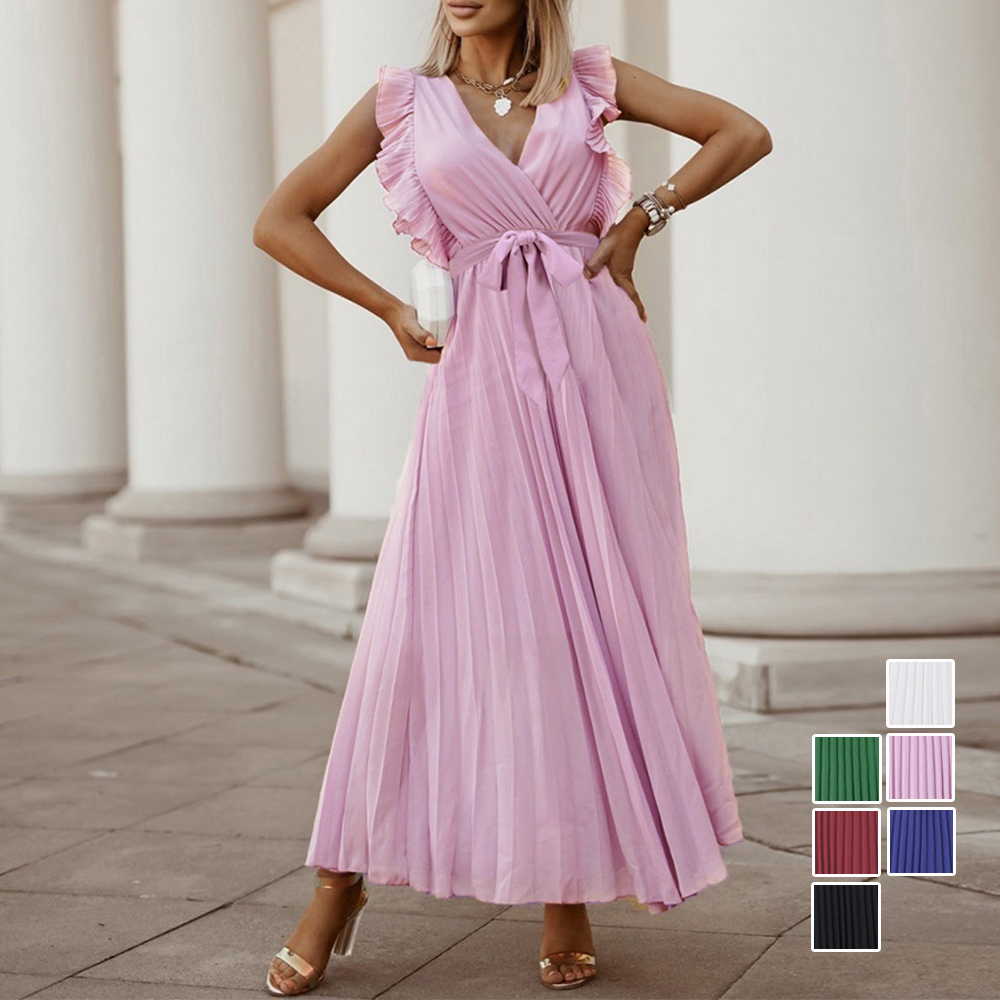 プリーツロングワンピース 韓国風 レディース フリル袖