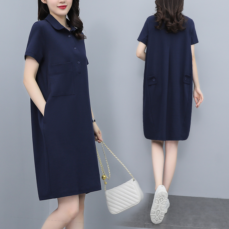 ロングワンピース シャツ 襟付き半袖ゆったりシルエットワンピース