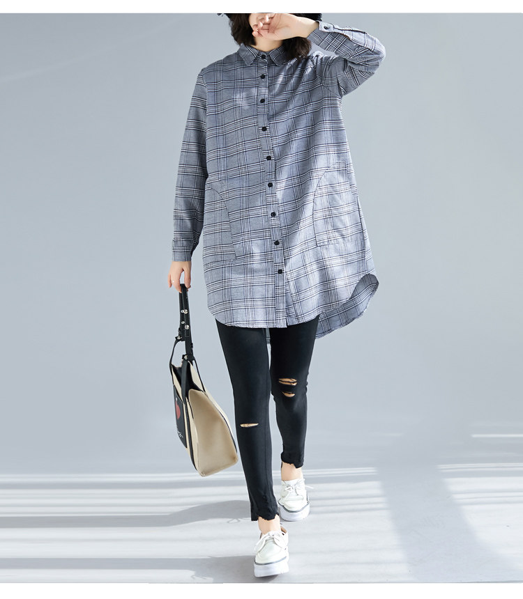 ロングワンピース シャツ チェック柄ゆったり襟付きロング丈シャツワンピース