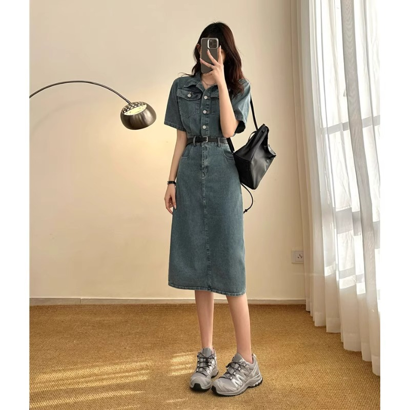ワンピース デニム ベルト付き半袖シャツデニムワンピース