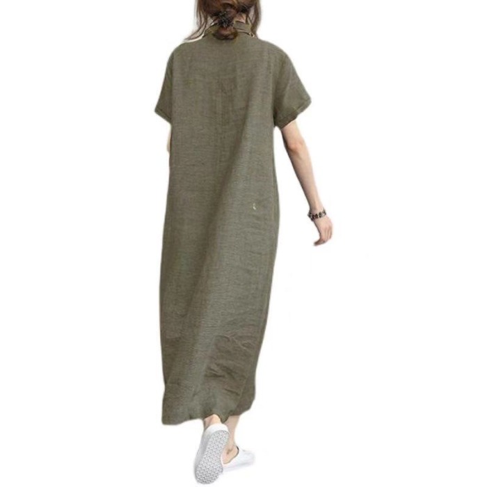 ロングワンピース シャツ リネン風襟付き半袖ロングワンピース