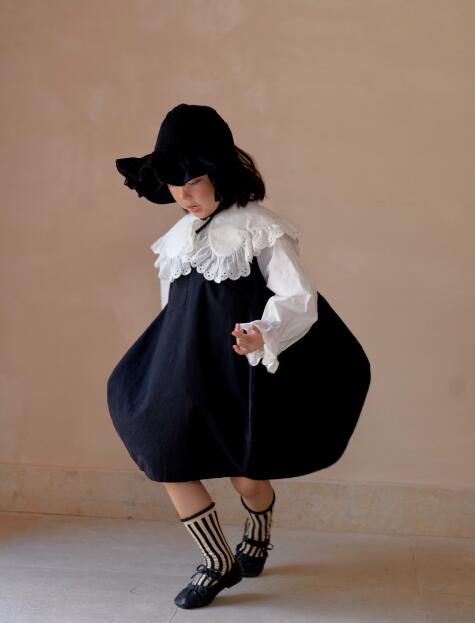 ロングワンピース 2025新作キッズ服 白襟付きブラウス×紺色ワンピース セットアップ