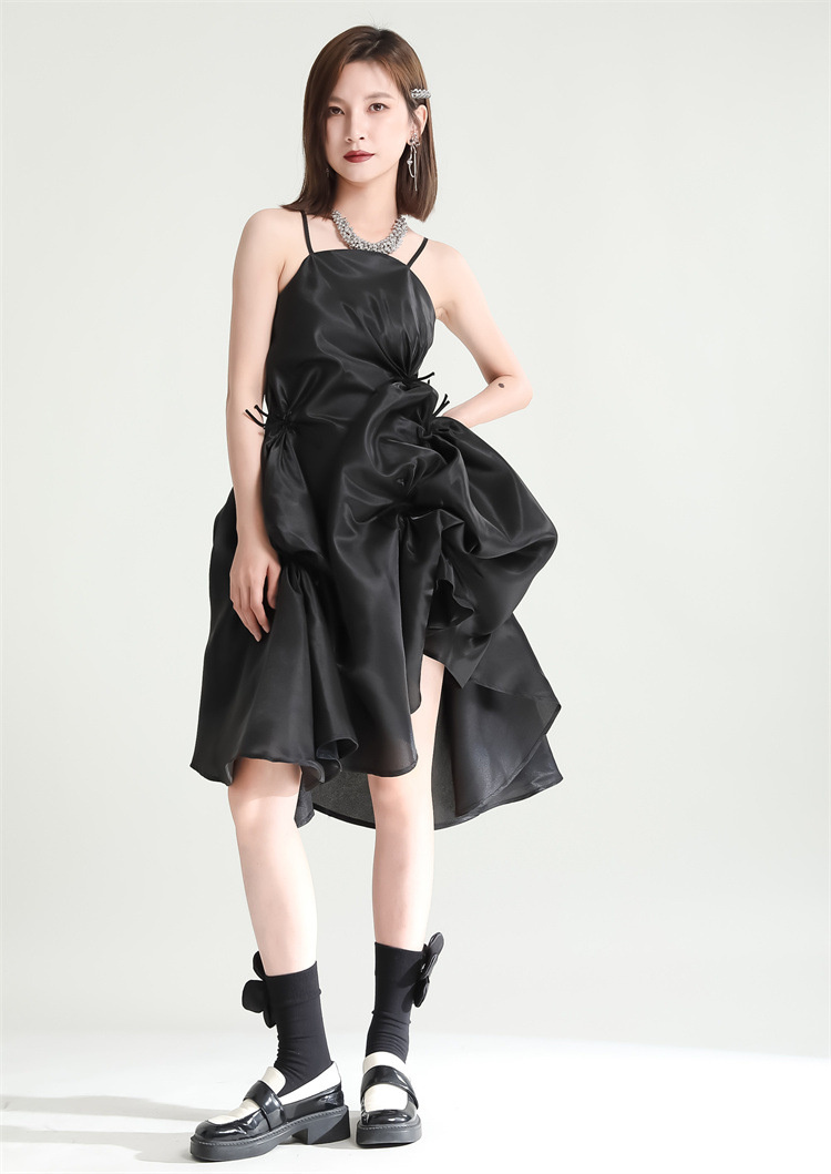 ロングワンピース 美シルエット キャミワンピース ひだ折りリボン付き