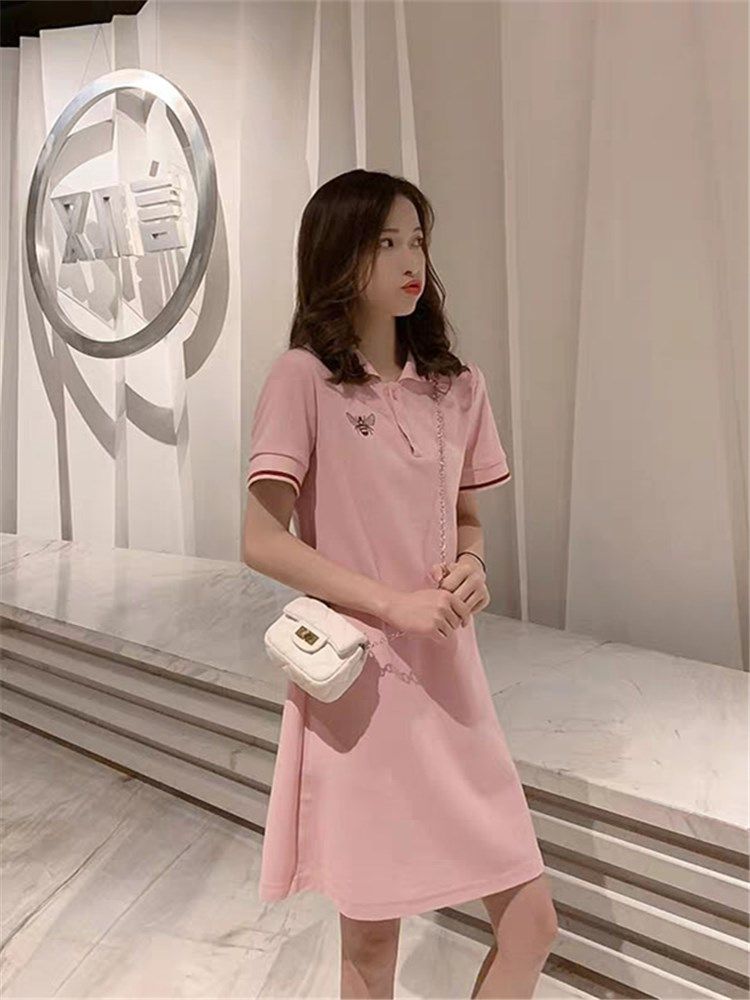 ロングワンピース ポロシャツ 蜂刺繍入り襟付きロングポロシャツワンピース