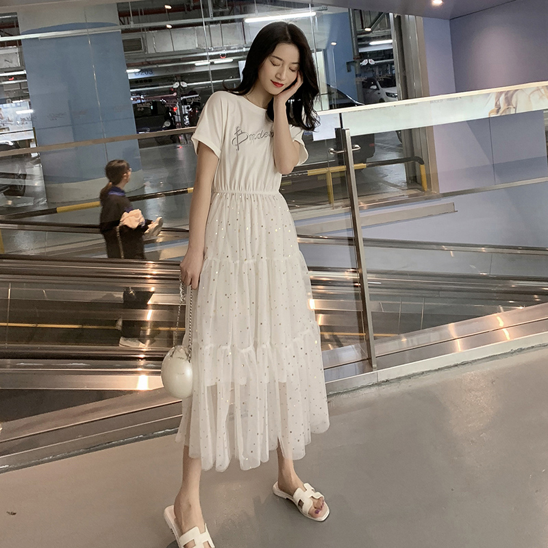 ロングワンピース レース 星空煌めく透け感チュール地ティアード半袖ドレス