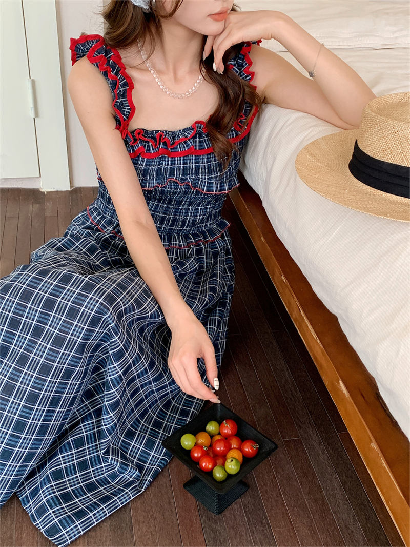 春夏新作 韓国風 チェック柄 フリルキャミ ロングワンピース