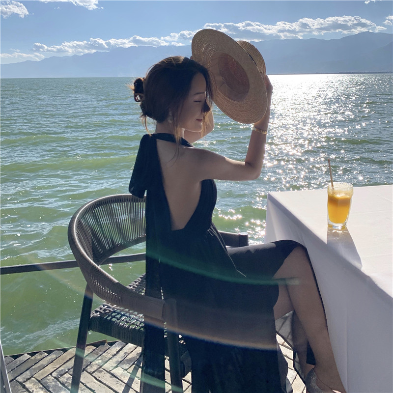 ロングワンピース キャミ 背中クロスデザインホルターネックロングワンピース