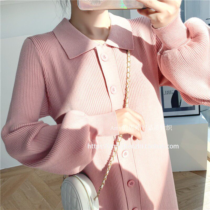 ロングワンピース ポロ 襟付きニットリブ編み長袖前開きロングワンピース