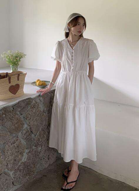 2025春夏新作 シャツ襟 白色ロングワンピース カジュアル
