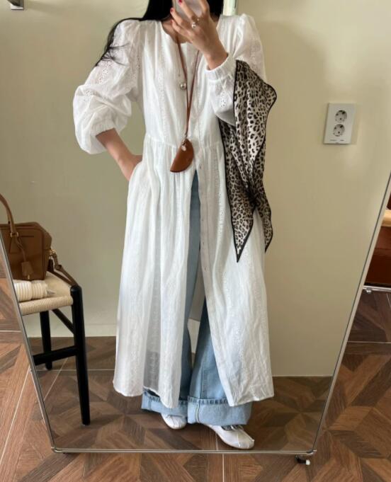 ロングワンピース レディース 白シャツ ロング ワンピース レース 長袖