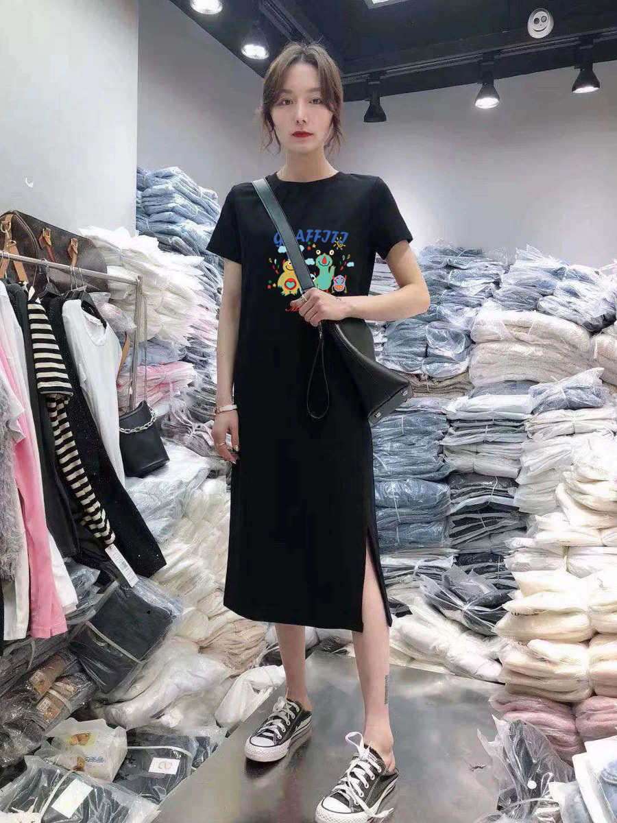 ロングワンピース スウェット 可愛い動物プリント半袖ロングワンピース