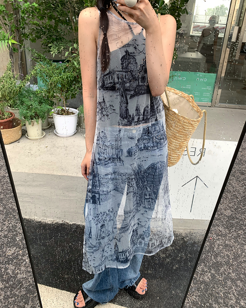 ロングワンピース レース 建築風景柄シアー素材キャミソールロングワンピース