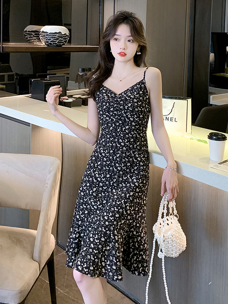 ロングワンピース キャミ 小花柄裾フリル細紐キャミソールロングワンピース