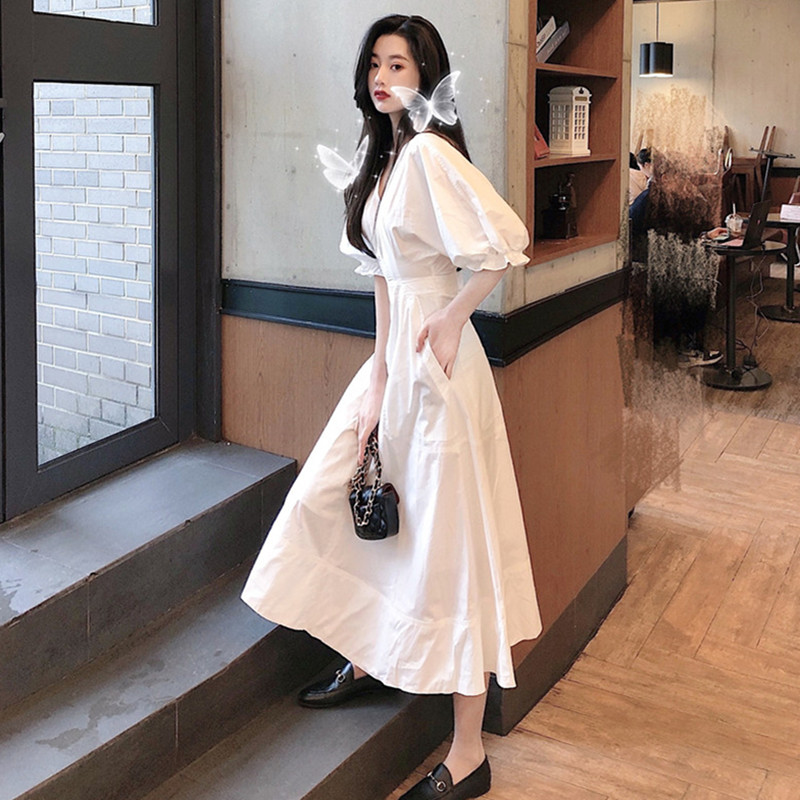 ロングワンピース シャツ パフスリーブ襟付きウエストマークロングワンピース