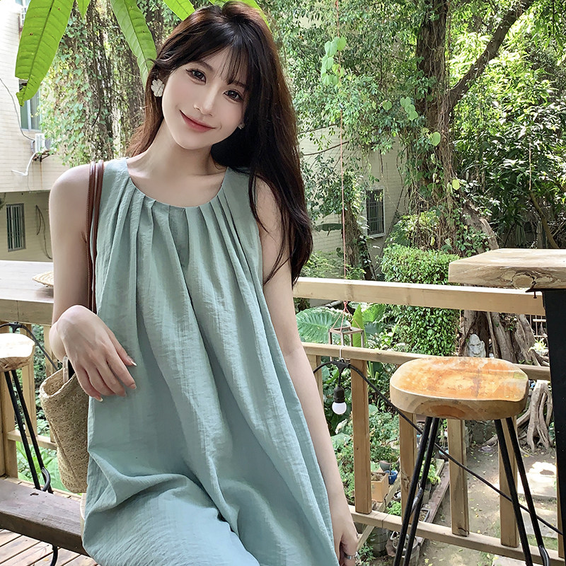 ロングワンピース キャミ 涼感ギャザーネックロングキャミワンピース